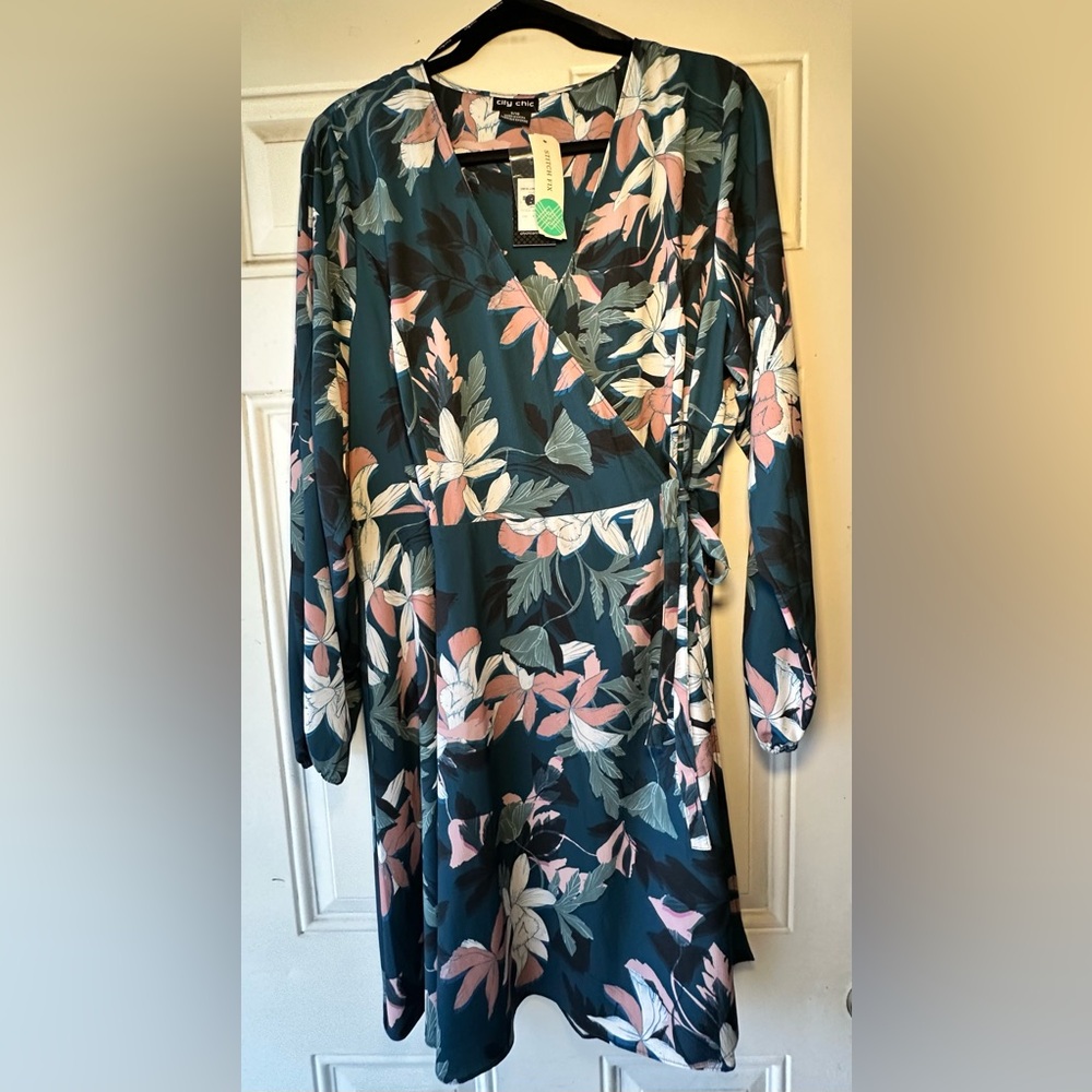 City Chic wrap dress stitch fix sz 16 or 1X, blue/teal floral print, midi NWT
